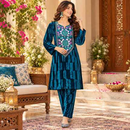 Peacock Blue Velvet Floral Yoke Winter Kurta Set