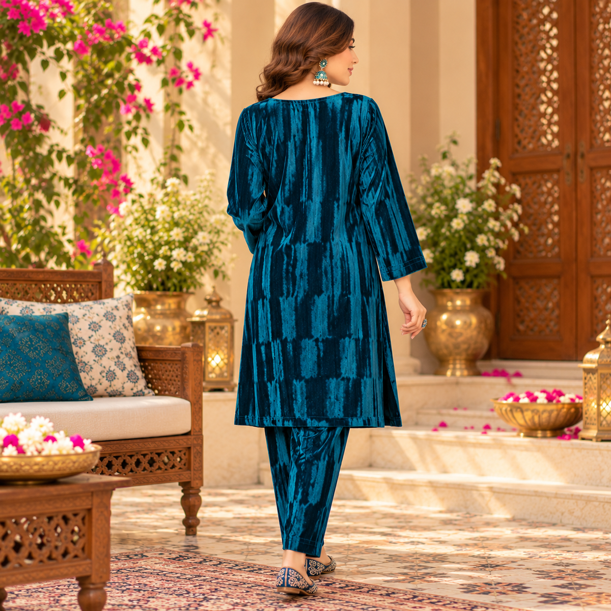 Peacock Blue Velvet Floral Yoke Winter Kurta Set