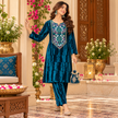 Peacock Blue Velvet Floral Yoke Winter Kurta Set