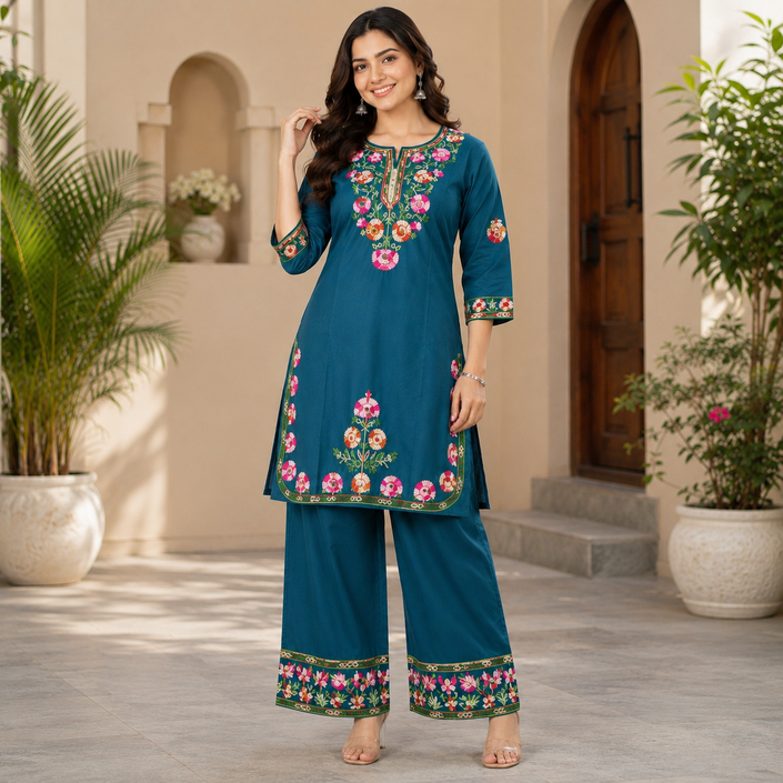 Teal Blue Floral Embroidered Cord Set