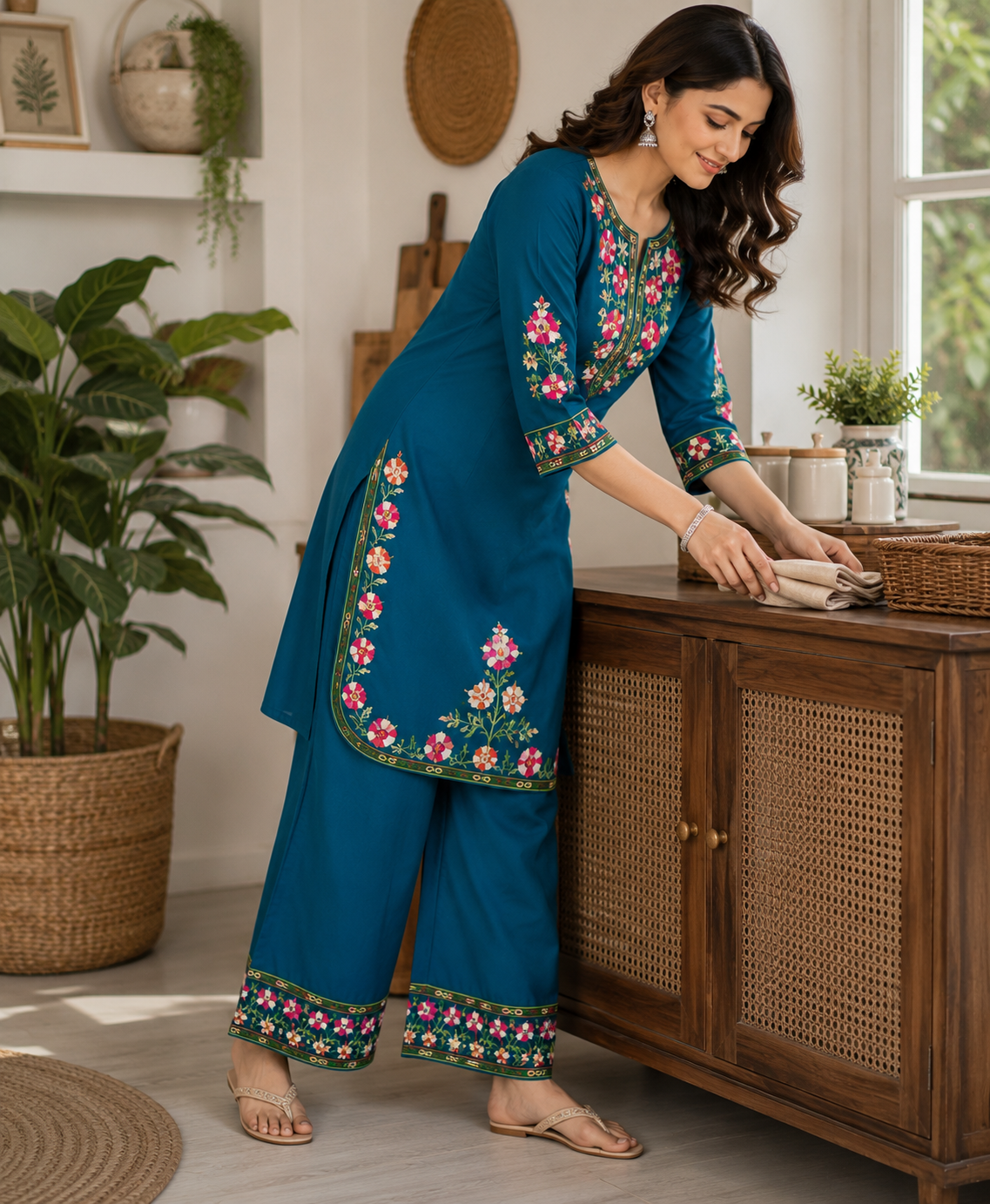 Teal Blue Floral Embroidered Cord Set