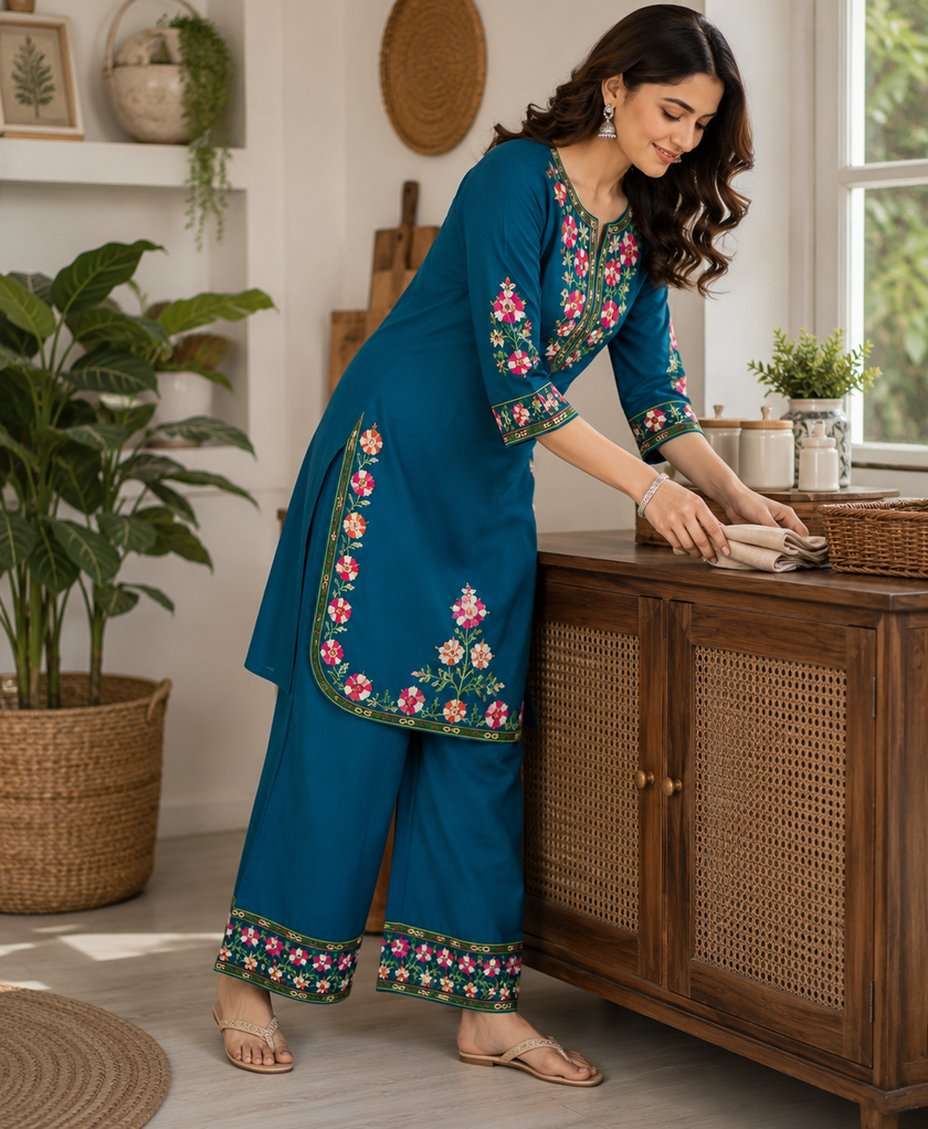 Teal Blue Floral Embroidered Cord Set