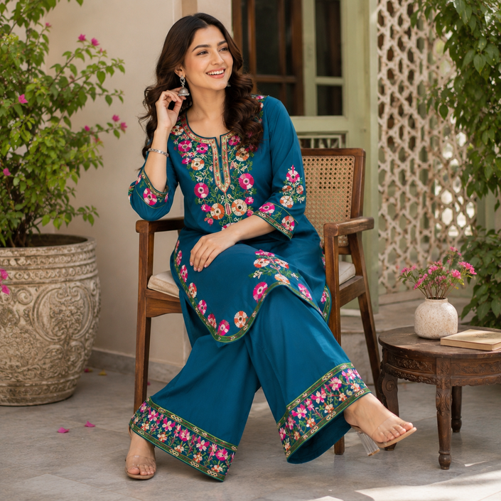 Teal Blue Floral Embroidered Cord Set