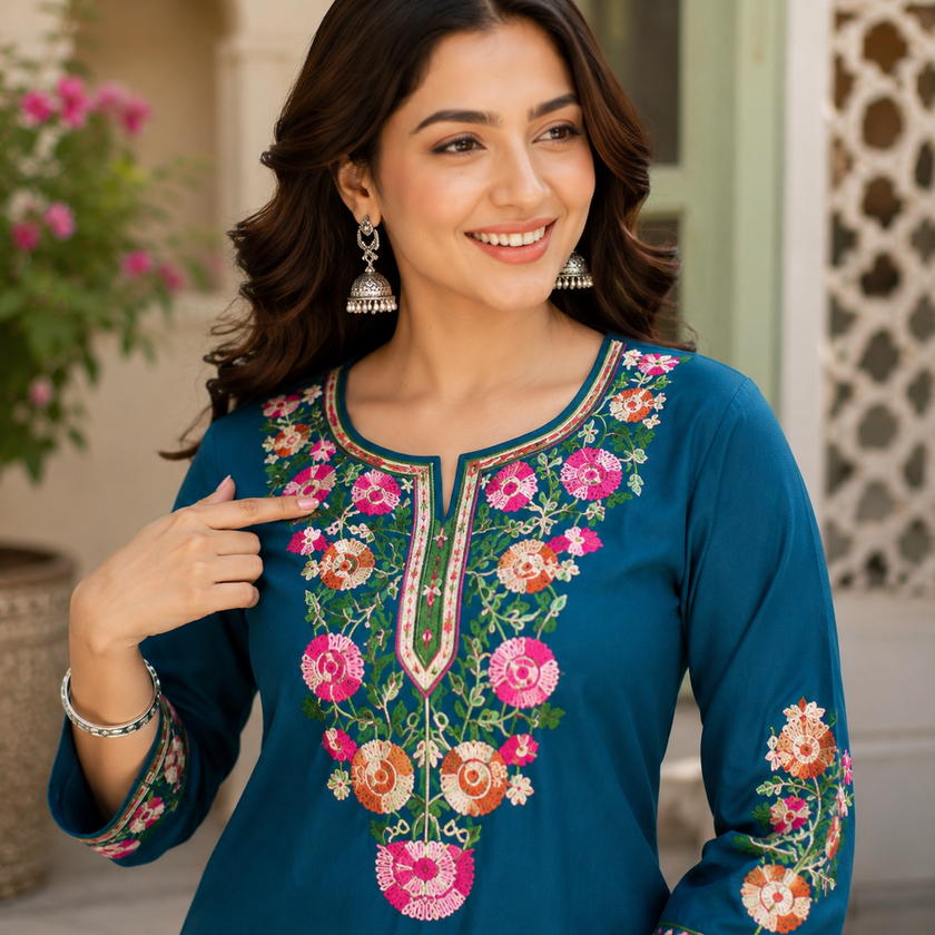 Teal Blue Floral Embroidered Cord Set