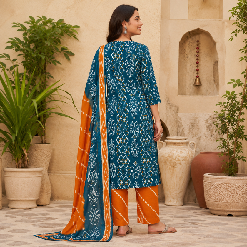 Teal Blue Printed Cotton Dupatta Suit for Women with Kurta and Pants
