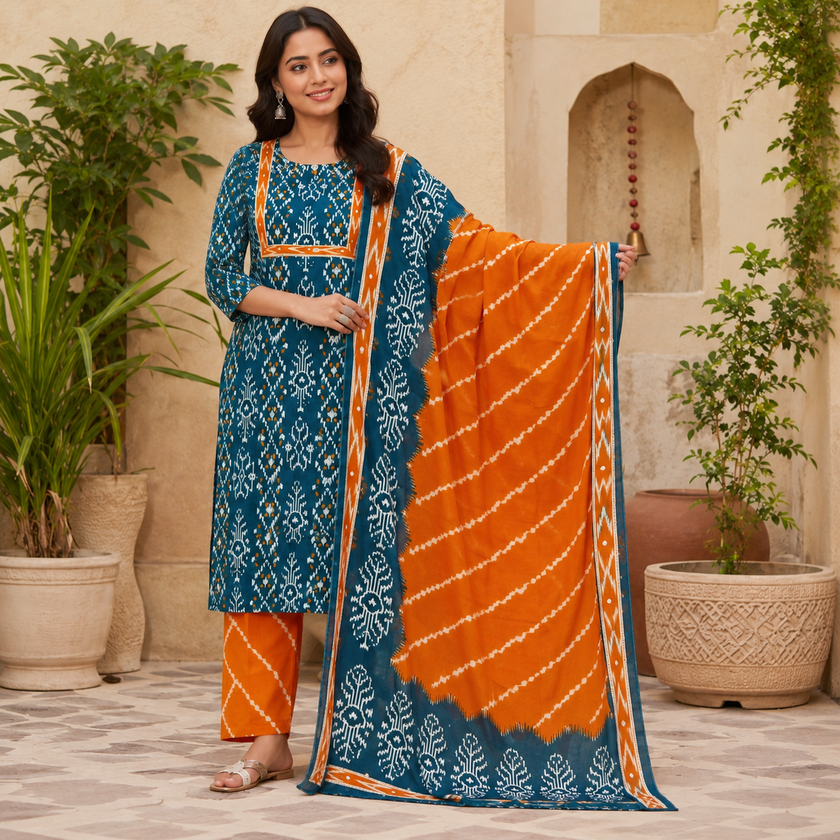 Teal Blue Printed Cotton Dupatta Suit for Women with Kurta and Pants
