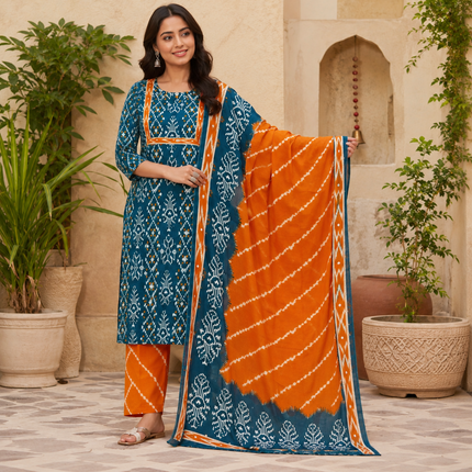 Teal Blue Printed Cotton Dupatta Suit for Women with Kurta and Pants
