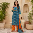 Teal Blue Printed Cotton Dupatta Suit for Women with Kurta and Pants
