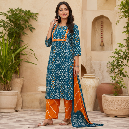 Teal Blue Printed Cotton Dupatta Suit for Women with Kurta and Pants
