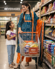 Teal Blue Printed Cotton Dupatta Suit for Women with Kurta and Pants
