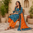 Teal Blue Printed Cotton Dupatta Suit for Women with Kurta and Pants
