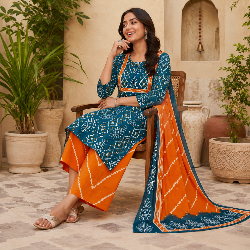 Teal Blue Printed Cotton Dupatta Suit for Women with Kurta and Pants
