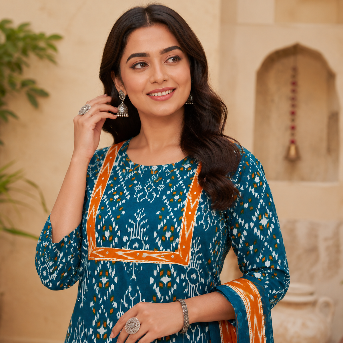 Teal Blue Printed Cotton Dupatta Suit for Women with Kurta and Pants
