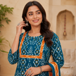 Teal Blue Printed Cotton Dupatta Suit for Women with Kurta and Pants

