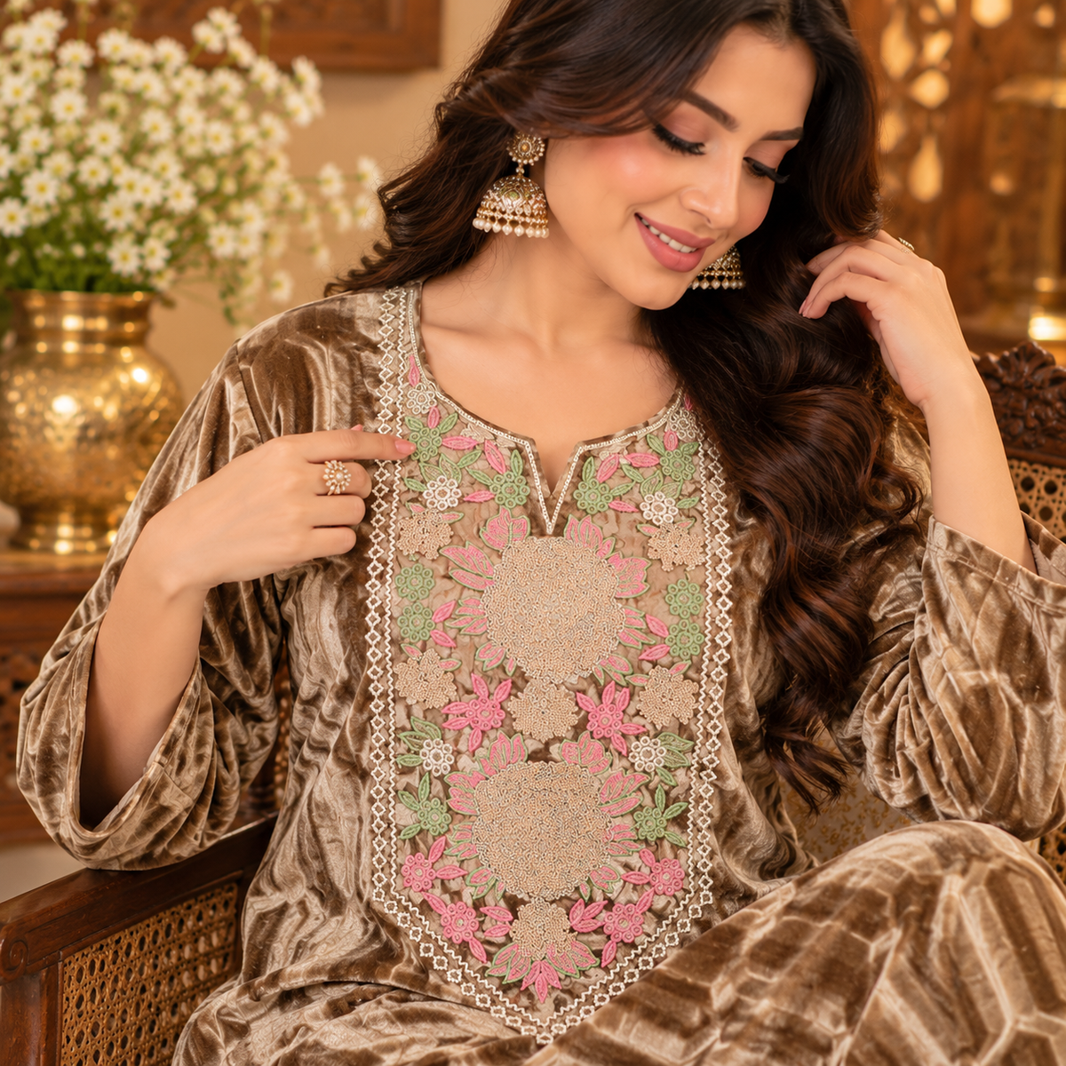 Light Brown Velvet Floral Yoke Winter Cord Set