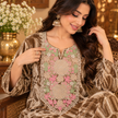 Light Brown Velvet Floral Yoke Winter Cord Set