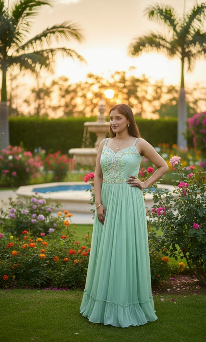 Sea Green Ethnic Embroidered Gown Shrug Set