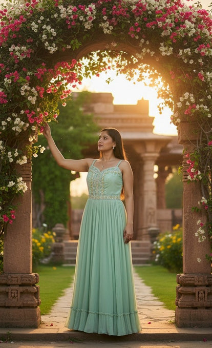 Sea Green Ethnic Embroidered Gown Shrug Set