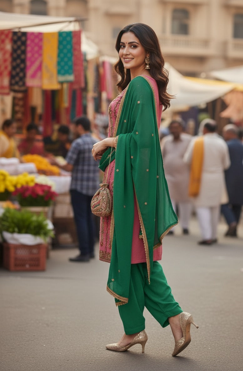 Pink Suit With Green Salwar