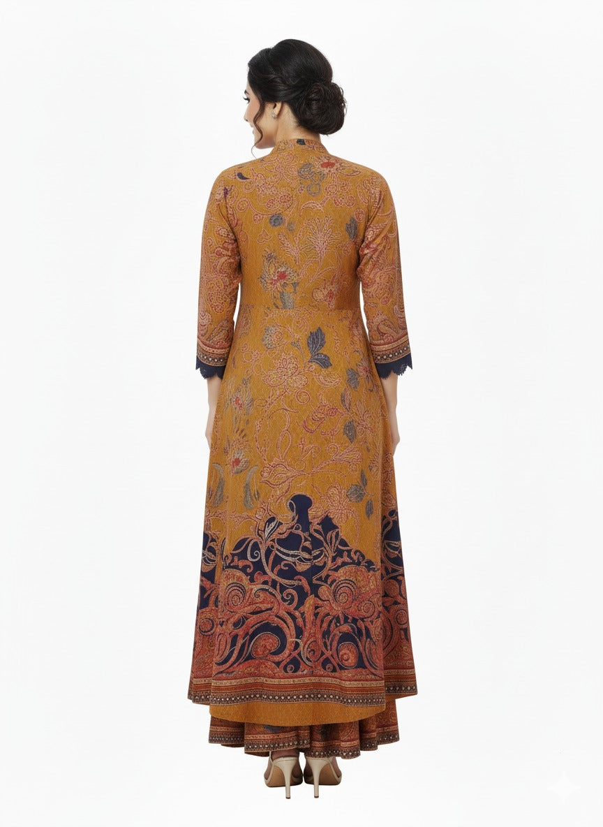 Mustard Yellow and Blue Full Length Gown with Shrug (Pre-Loved)