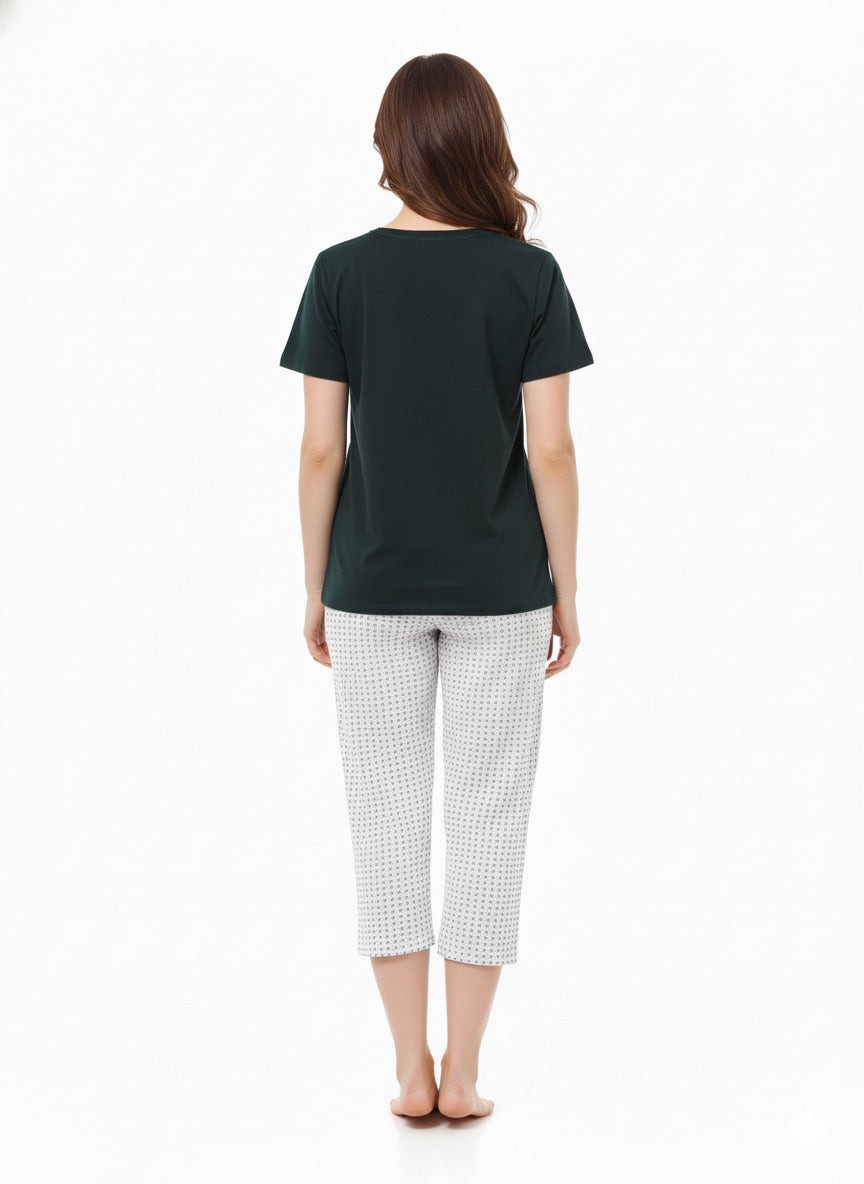 Women's Green White Night Suit