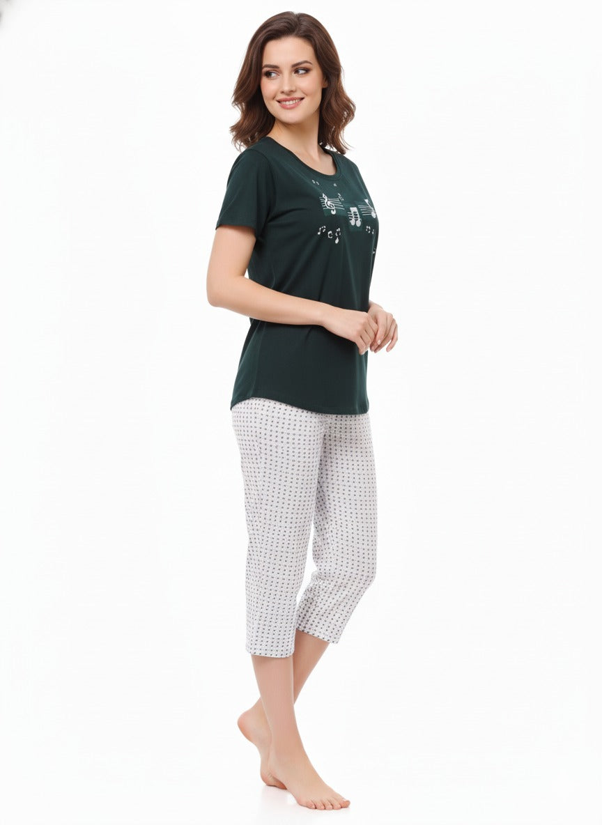 Women's Green White Night Suit