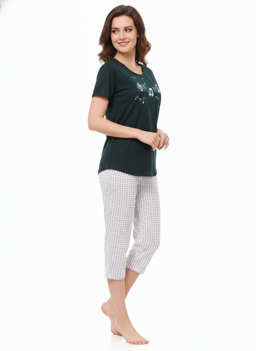Women's Green White Night Suit