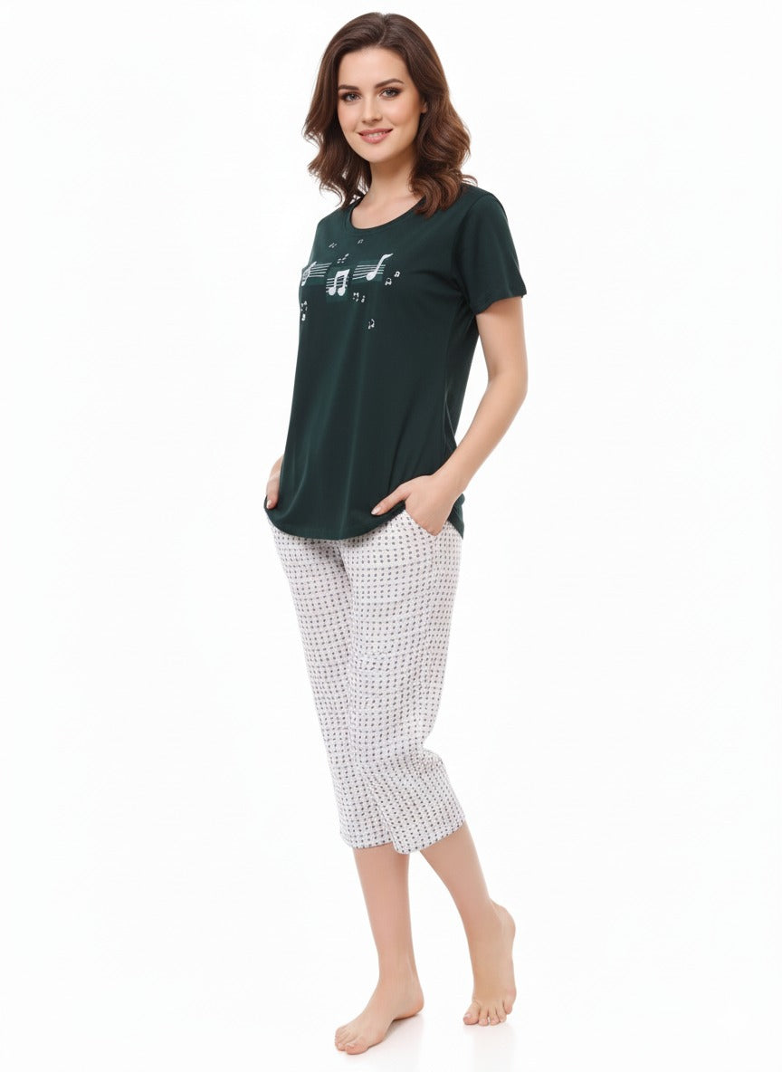 Women's Green White Night Suit