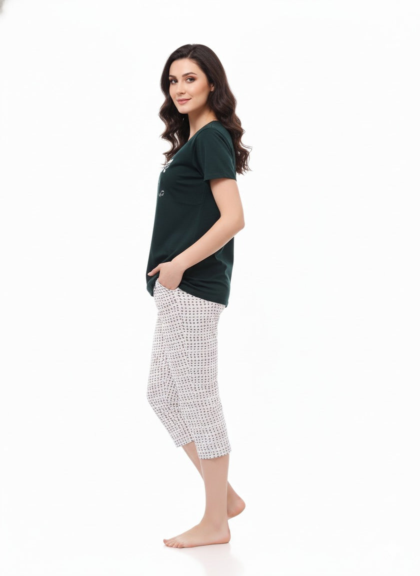 Women's Green White Night Suit