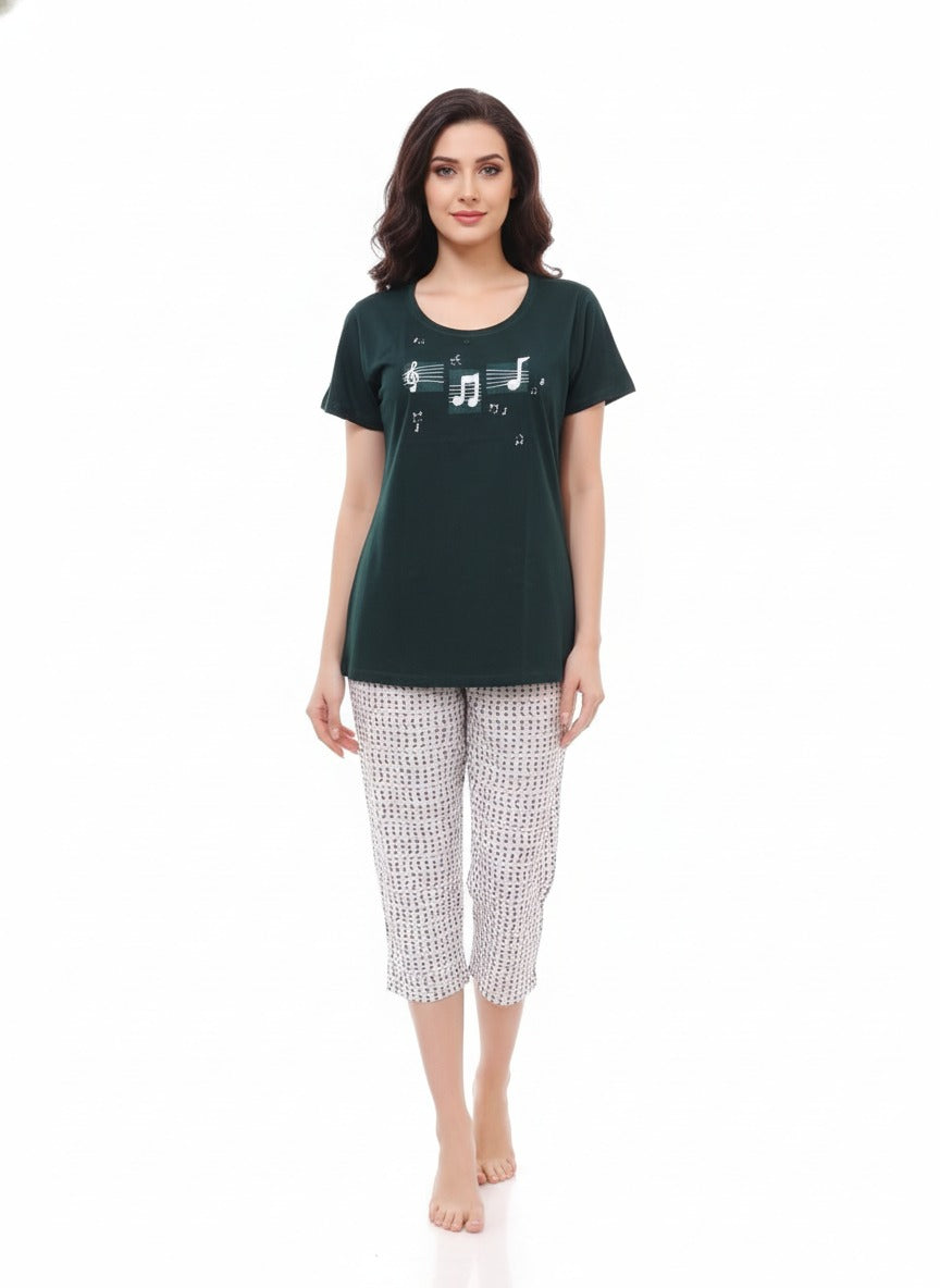 Women's Green White Night Suit