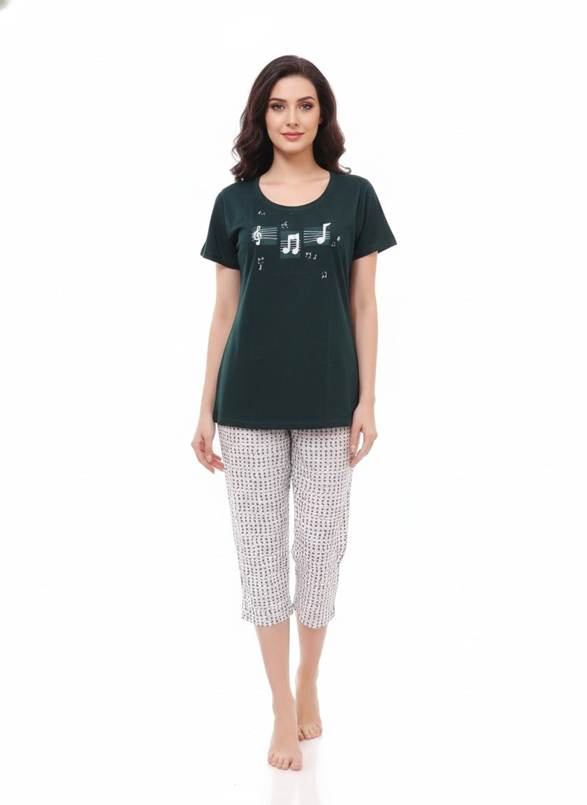 Women's Green White Night Suit