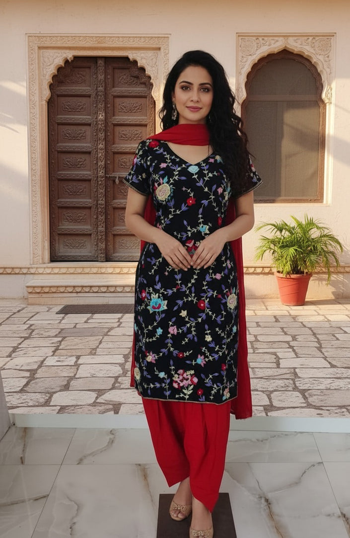 Black Ethnic Embroidered Patiala Dupatta Suit