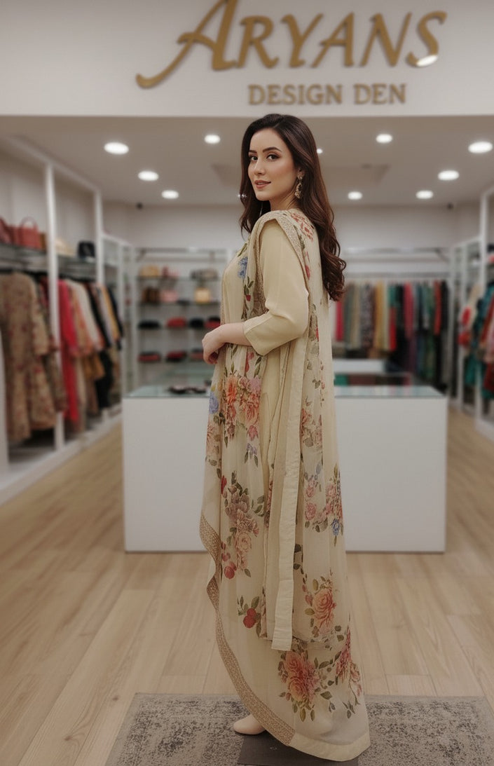 Cream Ethnic Floral Kurta Set with Shrug