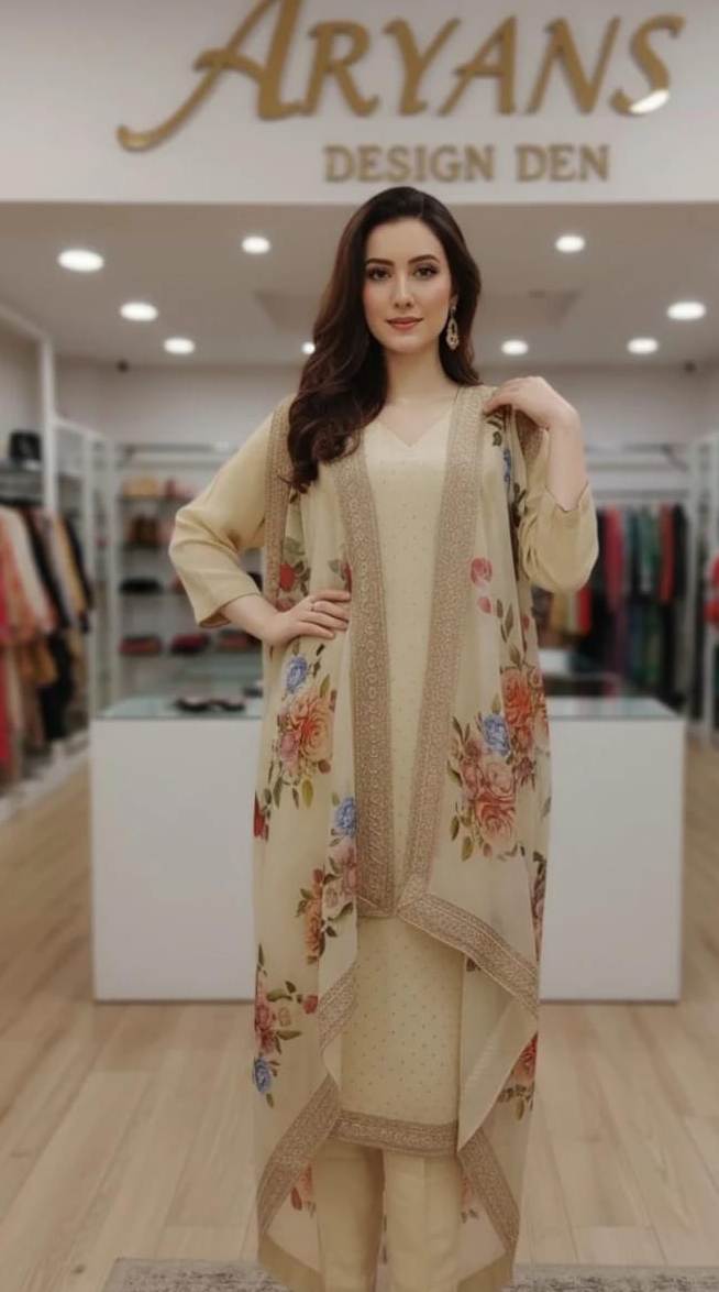 Cream Ethnic Floral Kurta Set with Shrug