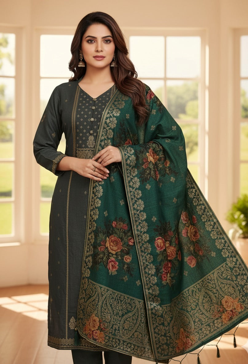 Gently Used Grey Suit With Green Dupata