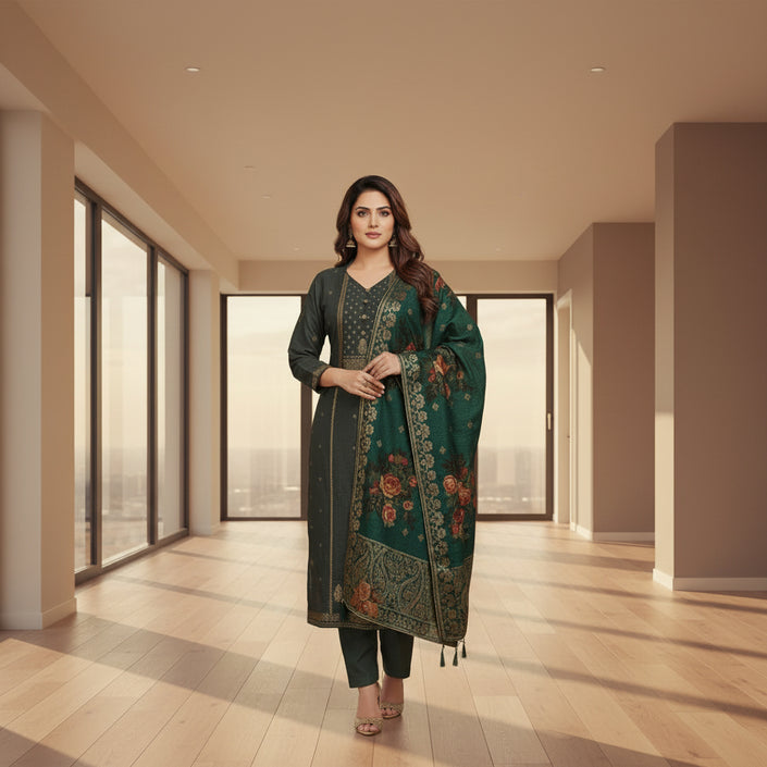 Grey Ethnic Floral Dupatta Suit