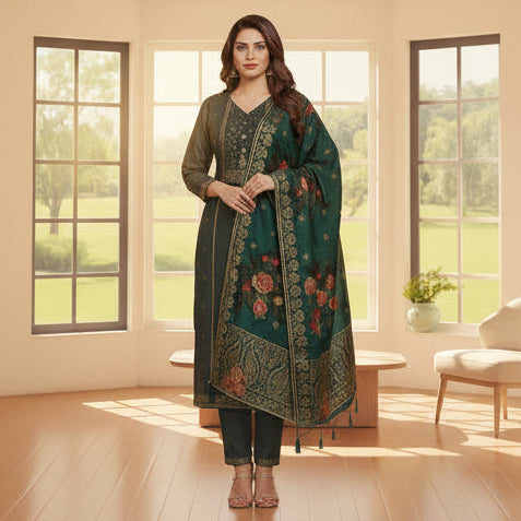 Grey Ethnic Floral Dupatta Suit