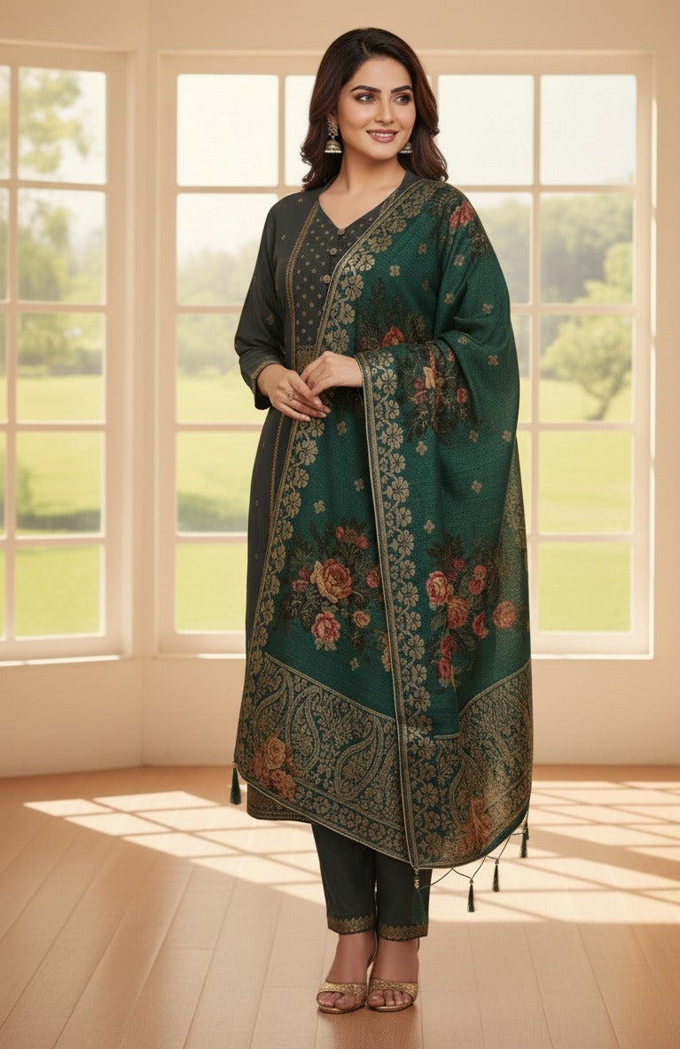 Gently Used Grey Suit With Green Dupata