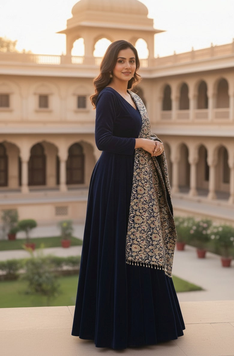 Royal blue velvet anarkali suit with contrasting dupatta.