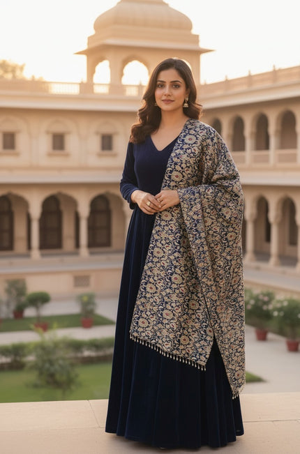 Royal blue velvet anarkali suit with contrasting dupatta.