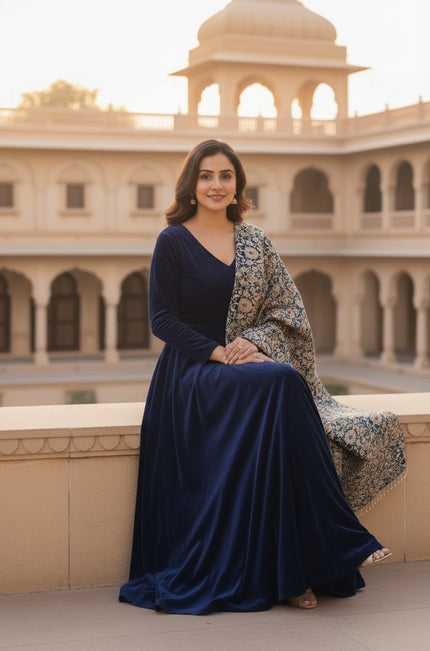 Royal blue velvet anarkali suit with contrasting dupatta.