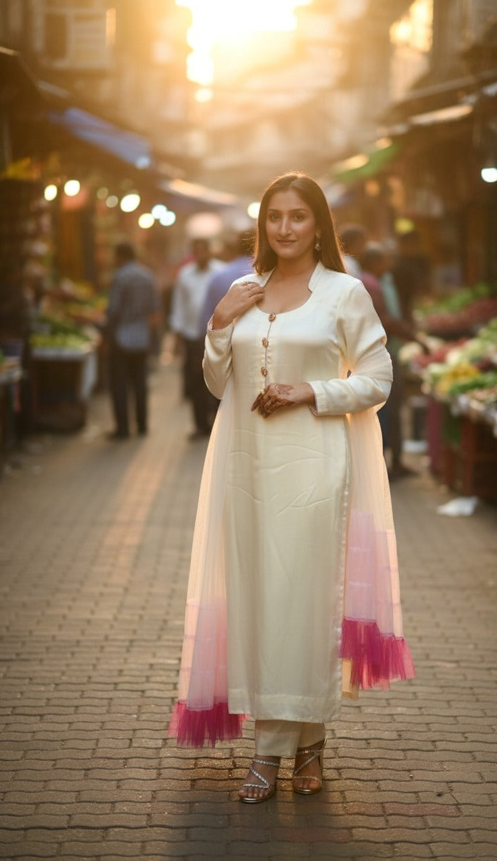 Cream Suit with Layering Dupatta