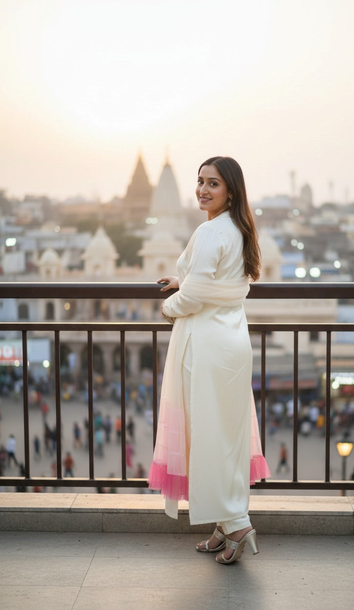 Cream Suit with Layering Dupatta