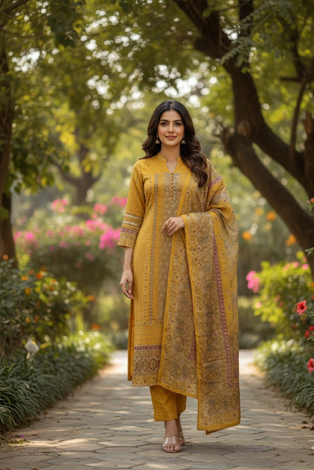 Mustard Ethnic Printed Dupatta Suit