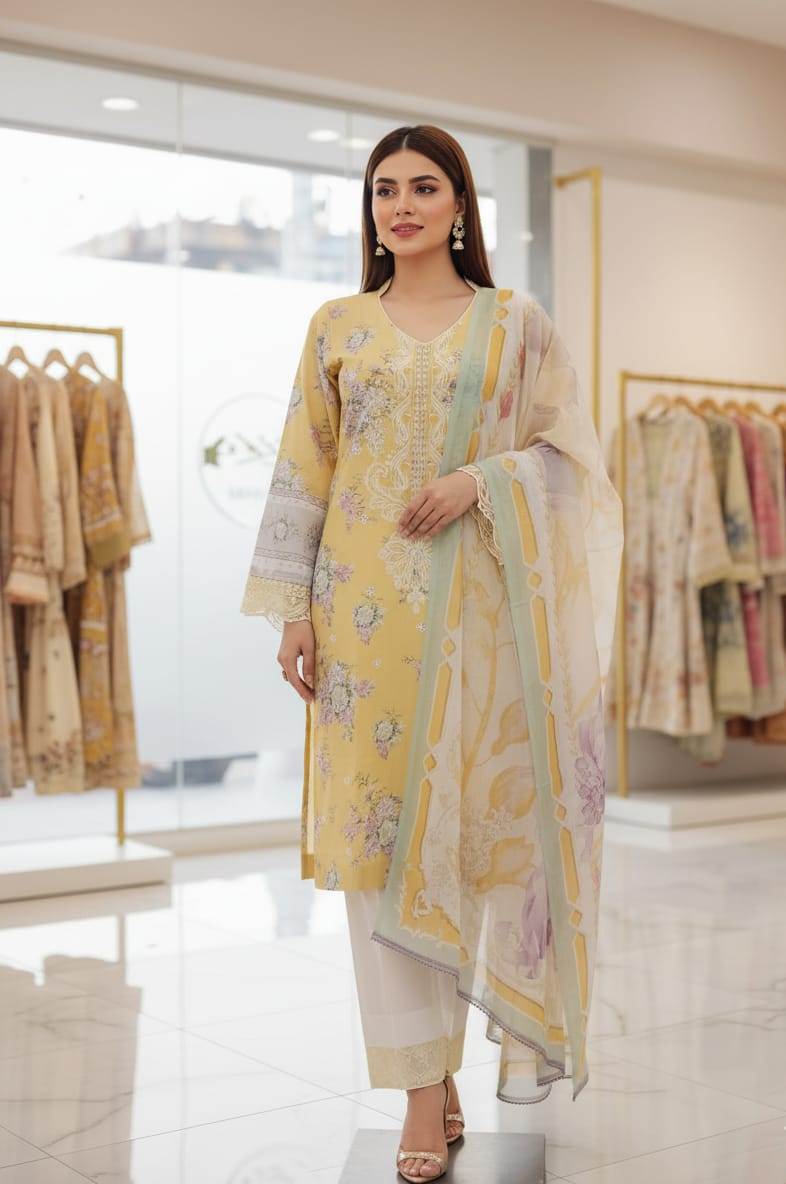 Lemon Yellow Floral Printed and Off White Pant Suit