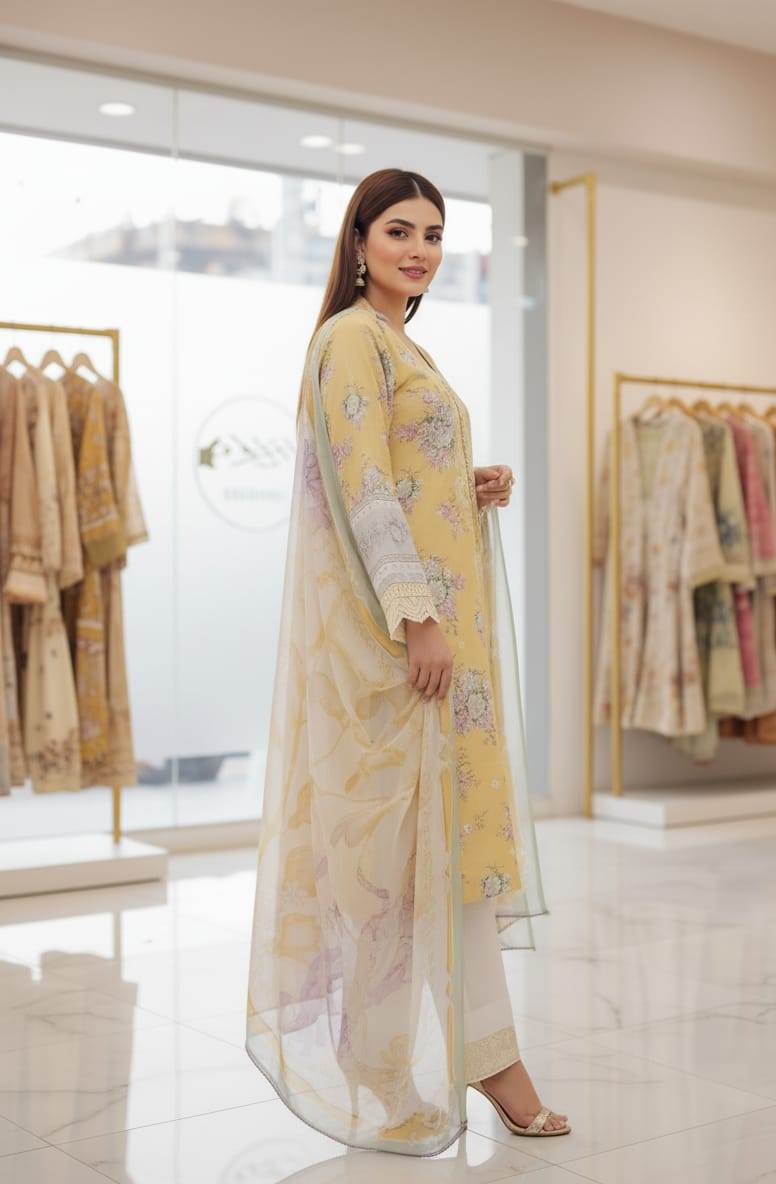 Lemon Yellow Floral Printed and Off White Pant Suit