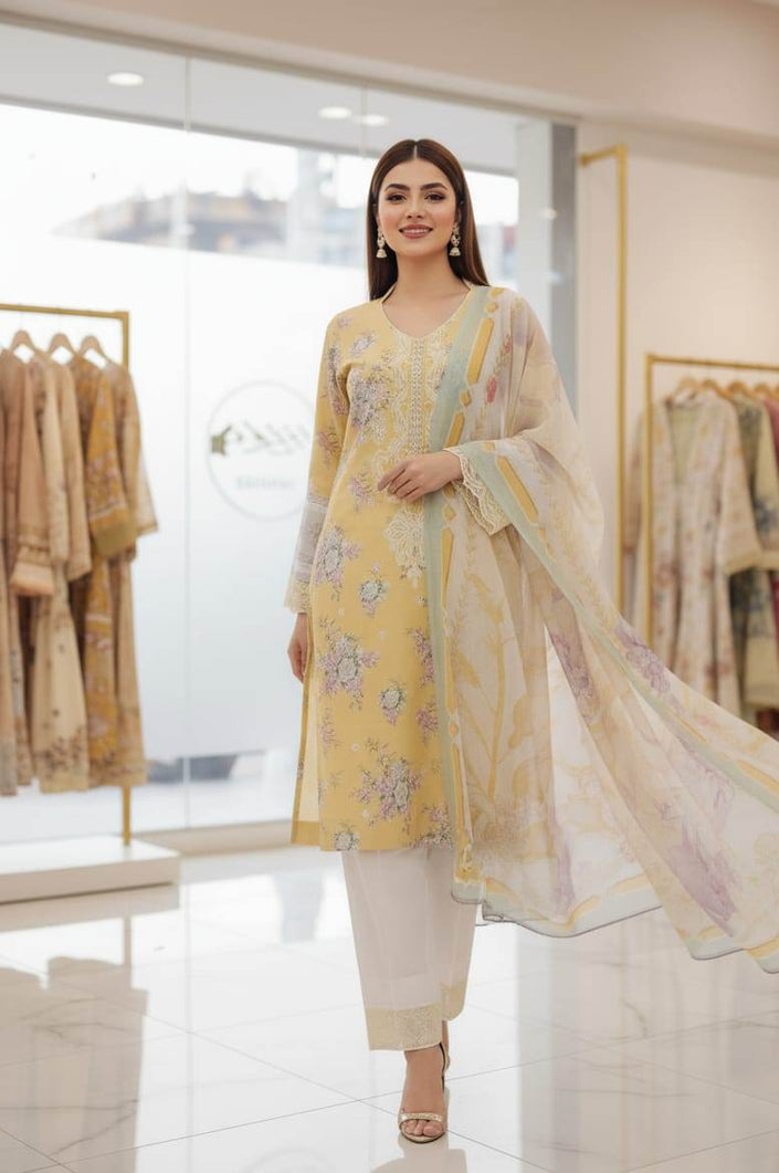 Lemon Yellow Floral Printed and Off White Pant Suit