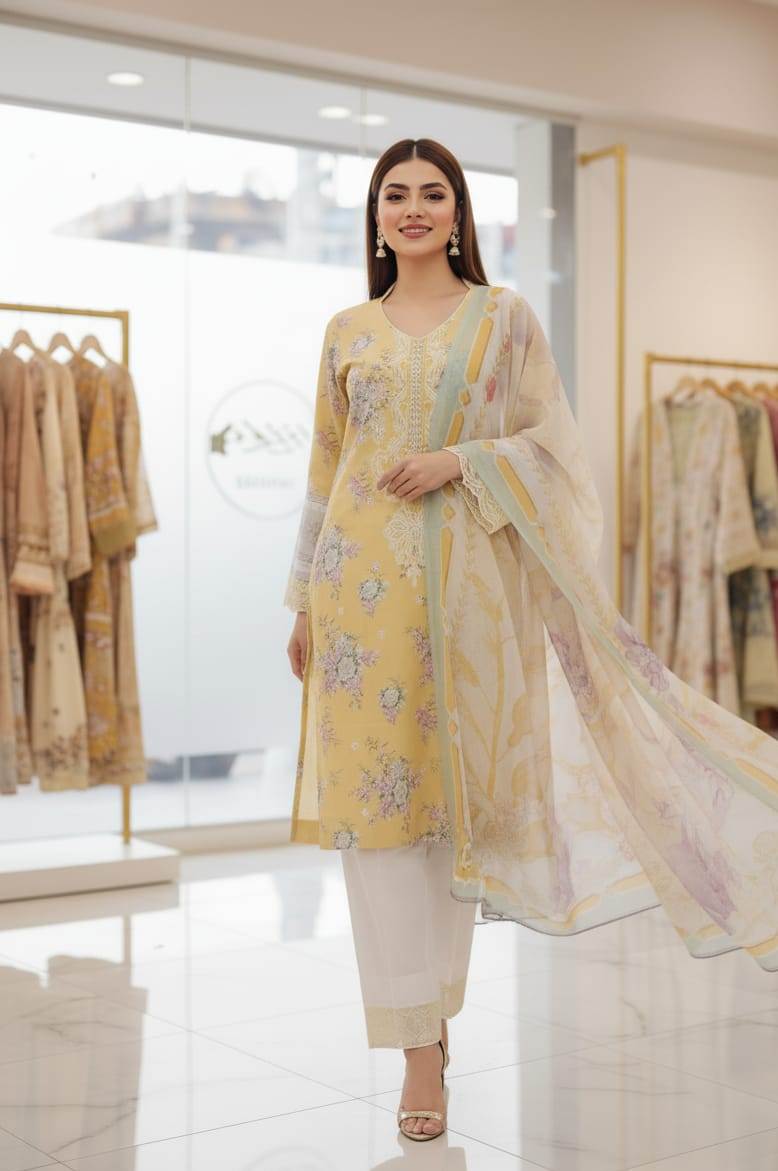 Lemon Yellow Floral Printed and Off White Pant Suit