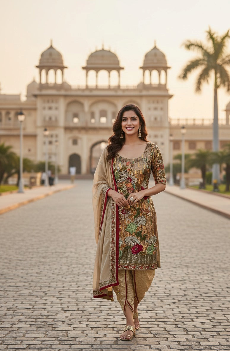 Green Suit with Golden Salwar Matching Duppata