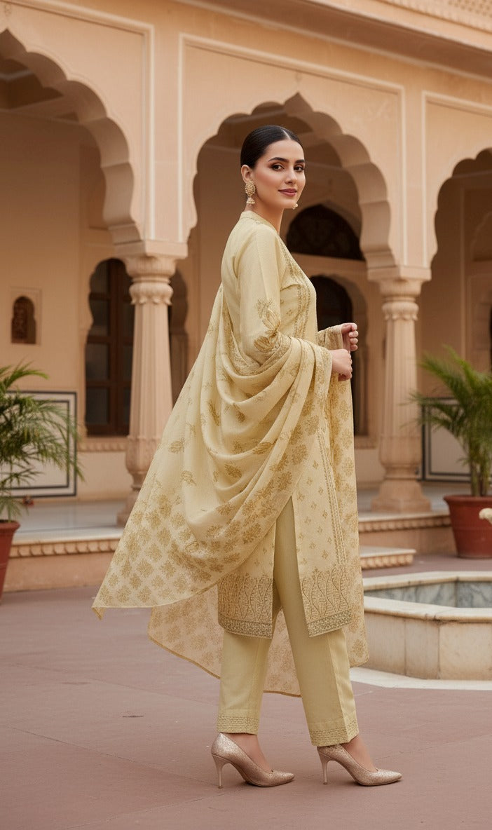 pale yellow suit with pant matching dupatta